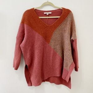 LOFT Maroon/Orange V-Neck Geometric Sweater M
